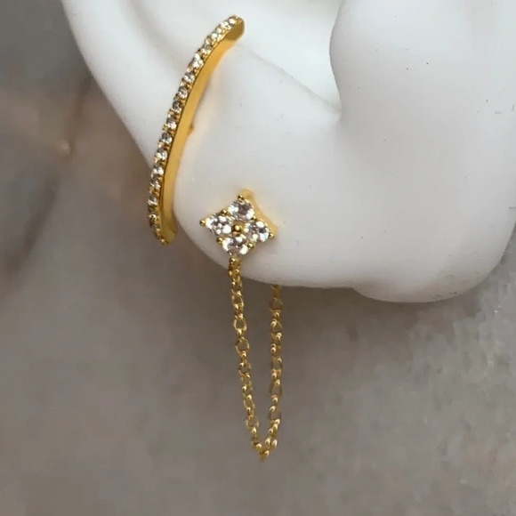 18K Gold Crystal Chain Stud Earrings - Picture 5 of 5